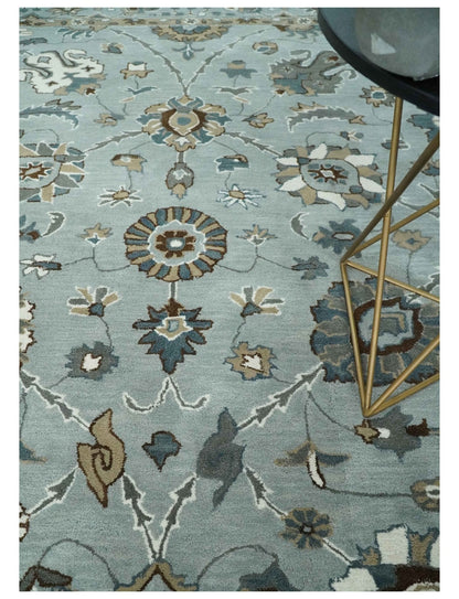 Blue and Brown Traditional Oriental Oushak Hand Tufted Custom Made wool Area Rug.