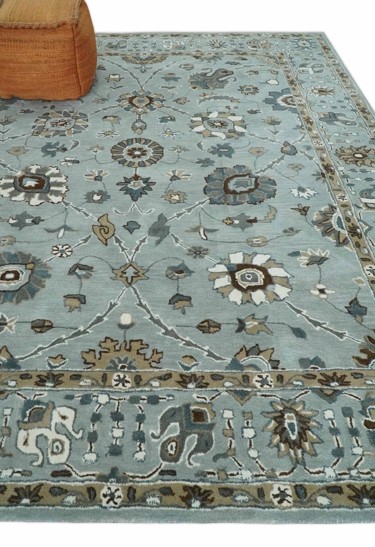 Blue and Brown Traditional Oriental Oushak Hand Tufted Custom Made wool Area Rug.