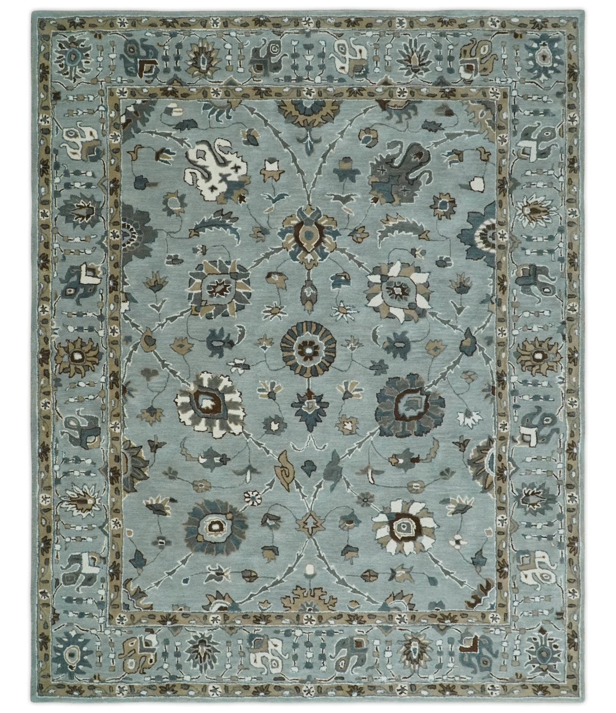 Blue and Brown Traditional Oriental Oushak Hand Tufted Custom Made wool Area Rug.