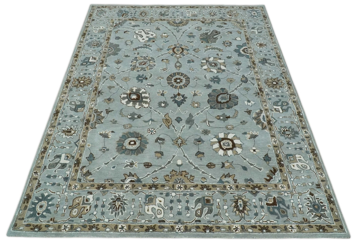 Blue and Brown Traditional Oriental Oushak Hand Tufted Custom Made wool Area Rug.