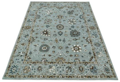 Blue and Brown Traditional Oriental Oushak Hand Tufted Custom Made wool Area Rug.