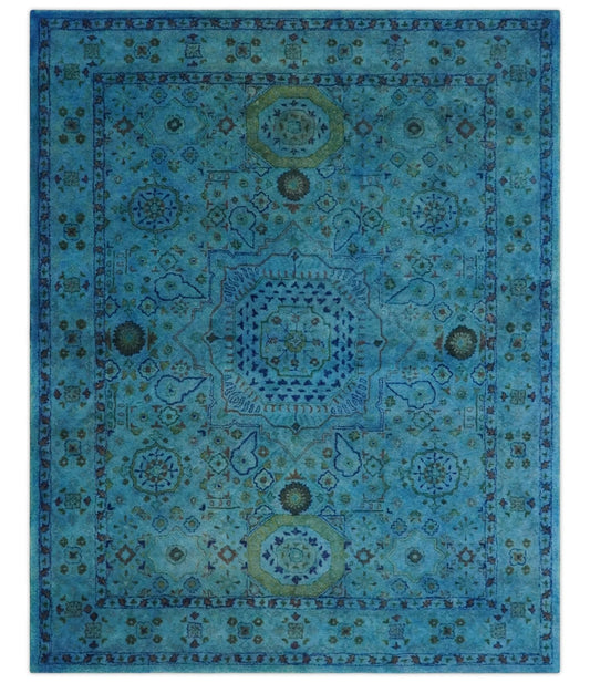 Antique look Traditional Mamluk design Hand Tufted Blue Overdyed Custom Made Wool Area Rug.