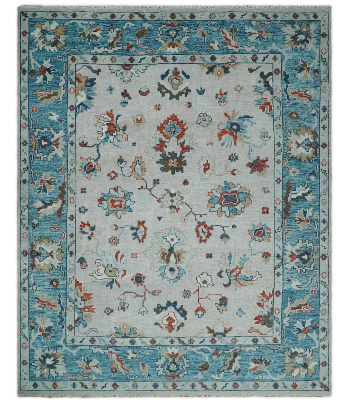 Ivory and Blue Hand knotted Traditional Oushak wool Area Rug.