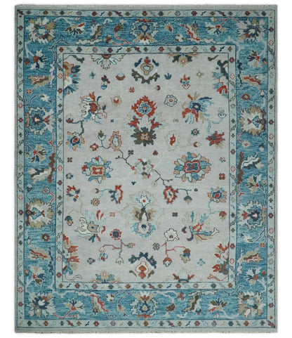 Ivory and Blue Hand knotted Traditional Oushak wool Area Rug.
