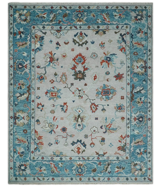 Ivory and Blue Hand knotted Traditional Oushak wool Area Rug.