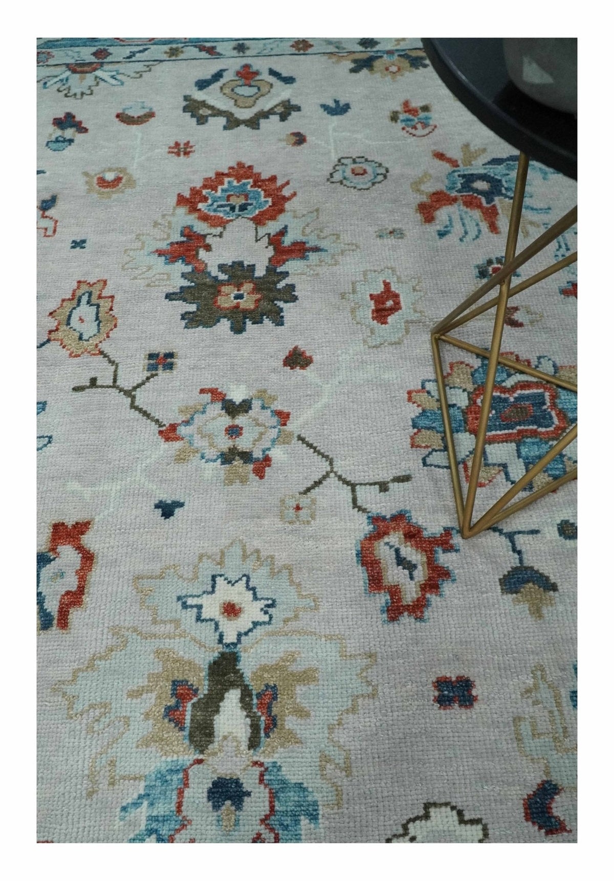 Ivory and Blue Hand knotted Traditional Oushak wool Area Rug.