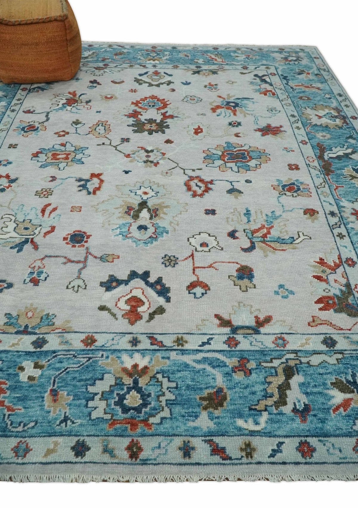 Ivory and Blue Hand knotted Traditional Oushak wool Area Rug.