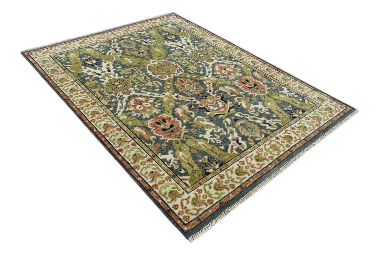 Antique look Hand knotted Green and Gray Traditional Large design wool Area Rug.