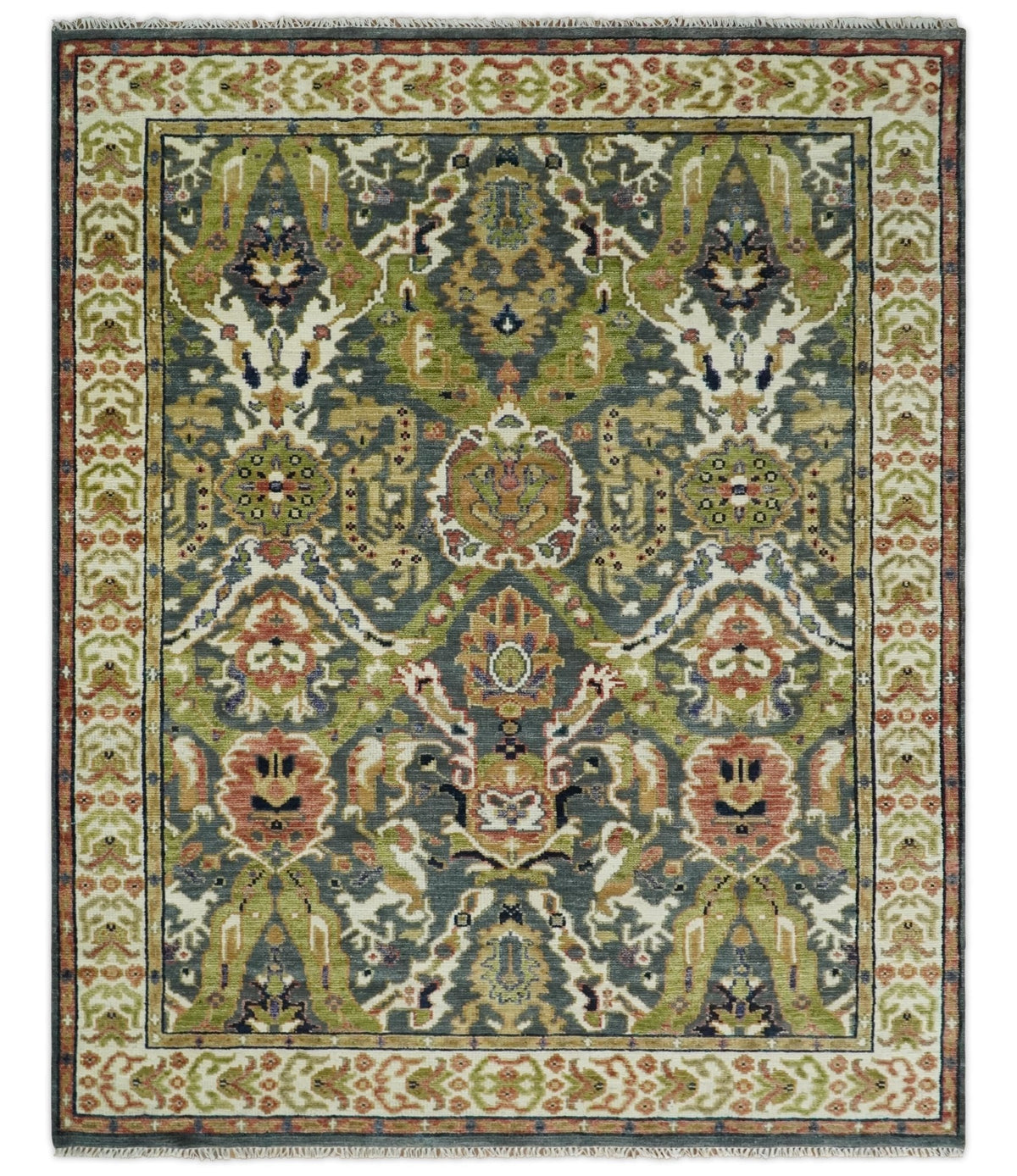Antique look Hand knotted Green and Gray Traditional Large design wool Area Rug.