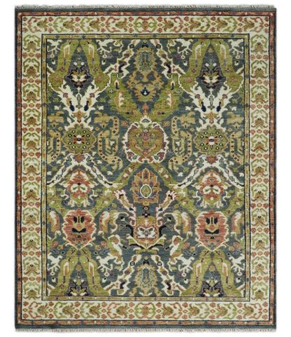 Antique look Hand knotted Green and Gray Traditional Large design wool Area Rug.