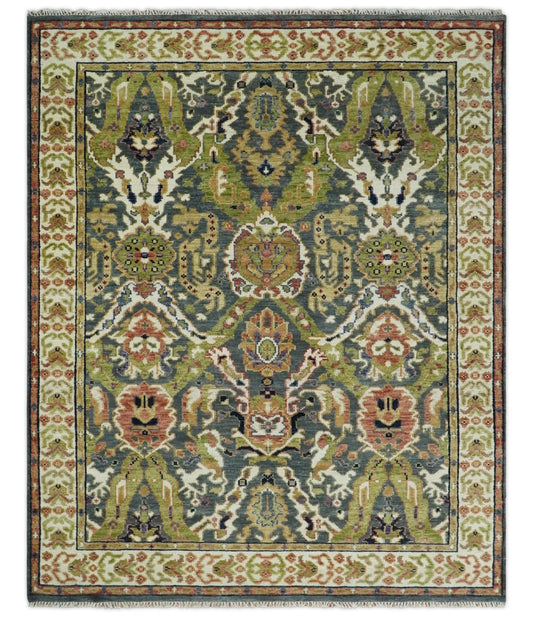 Antique look Hand knotted Green and Gray Traditional Large design wool Area Rug.