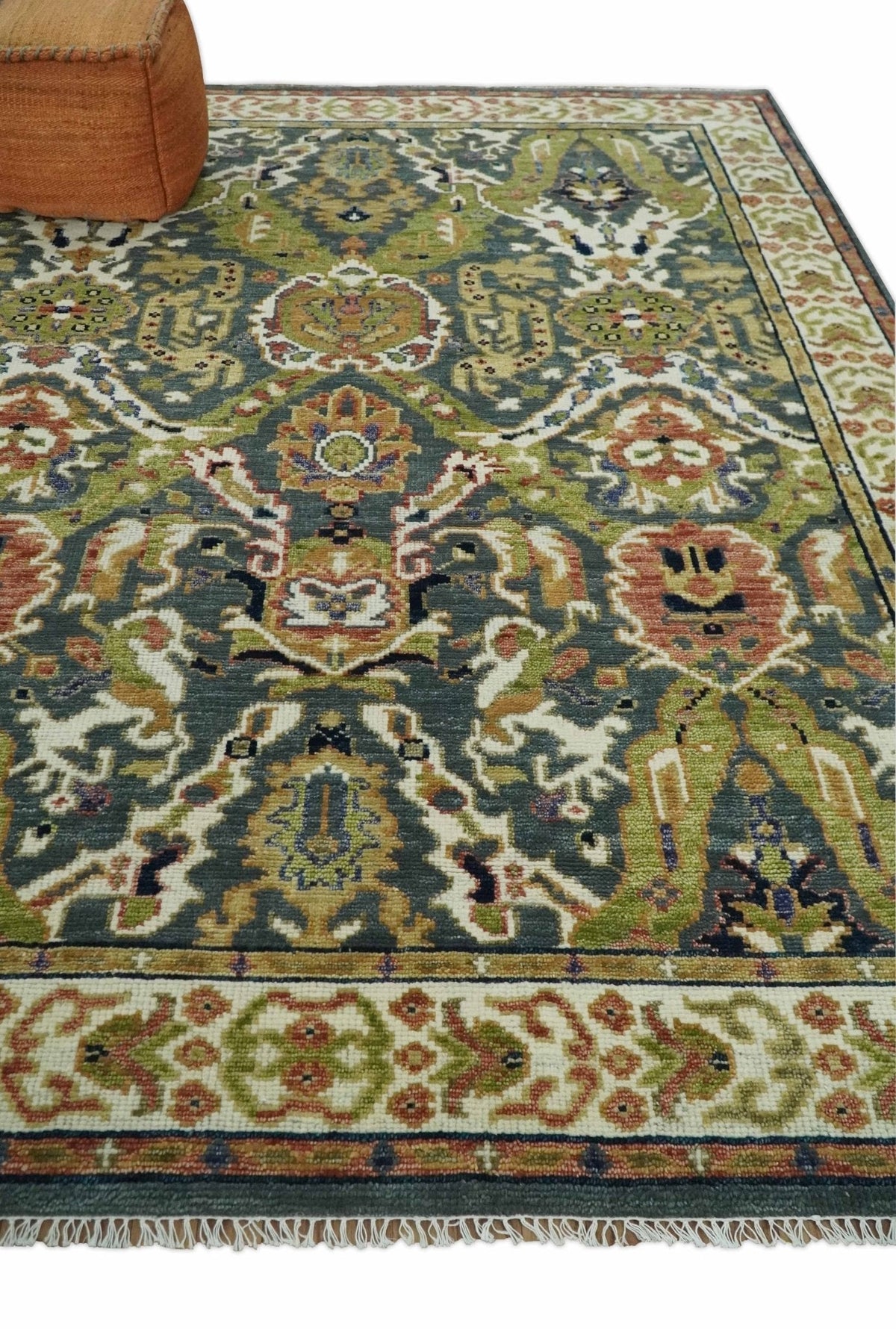 Antique look Hand knotted Green and Gray Traditional Large design wool Area Rug.