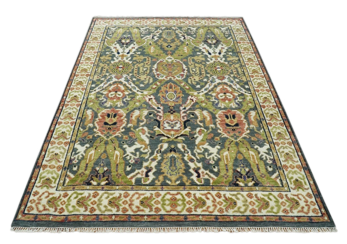 Antique look Hand knotted Green and Gray Traditional Large design wool Area Rug.