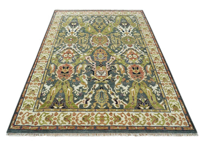 Antique look Hand knotted Green and Gray Traditional Large design wool Area Rug.