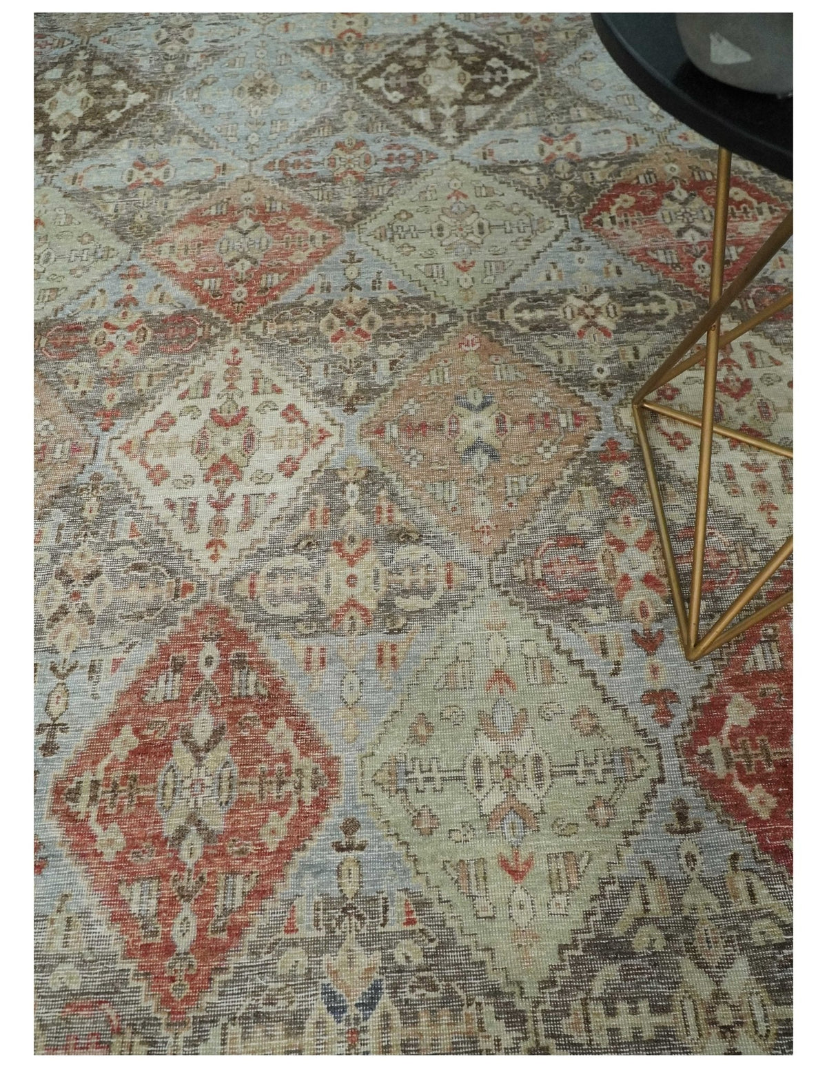 Antique look Multicolor Tribal Hand Knotted Distressed finished Oxidized Wool Area Rug.