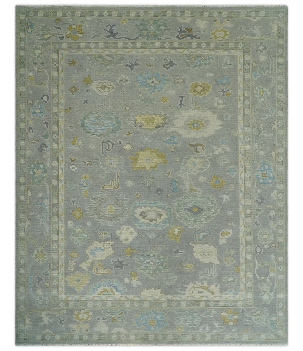 Antique Gray And Beige Hand Knotted Oushak Wool Area Rug.