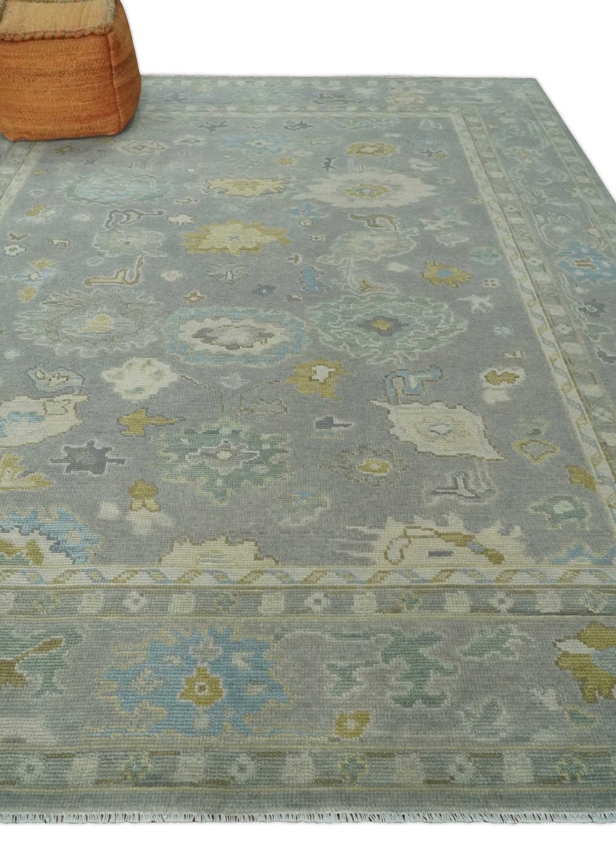 Antique Gray And Beige Hand Knotted Oushak Wool Area Rug.