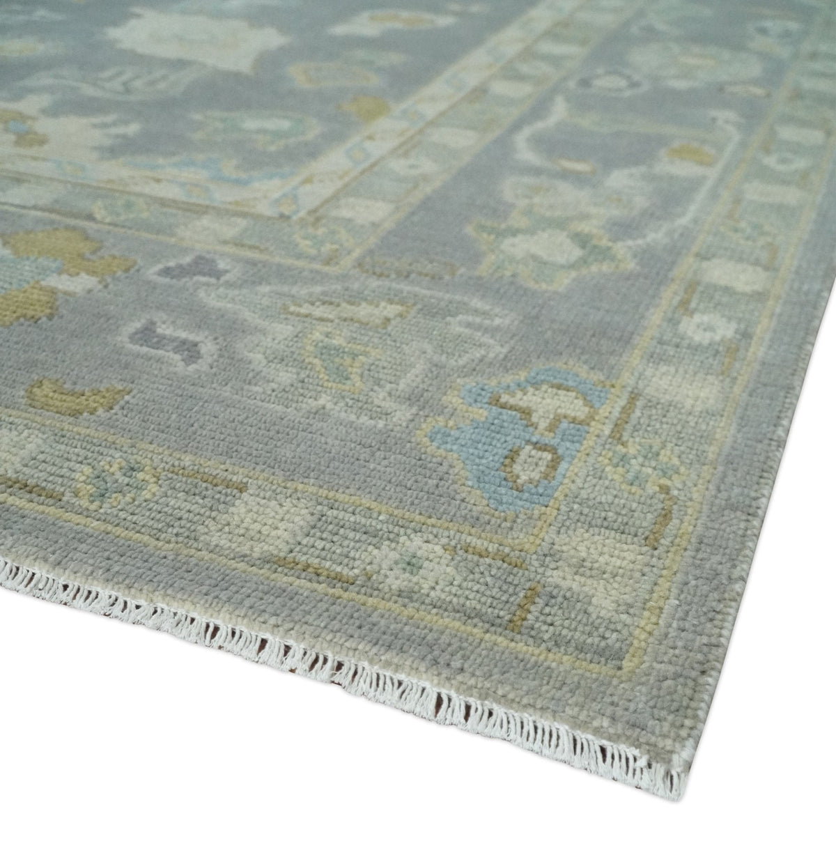 Antique Gray And Beige Hand Knotted Oushak Wool Area Rug.