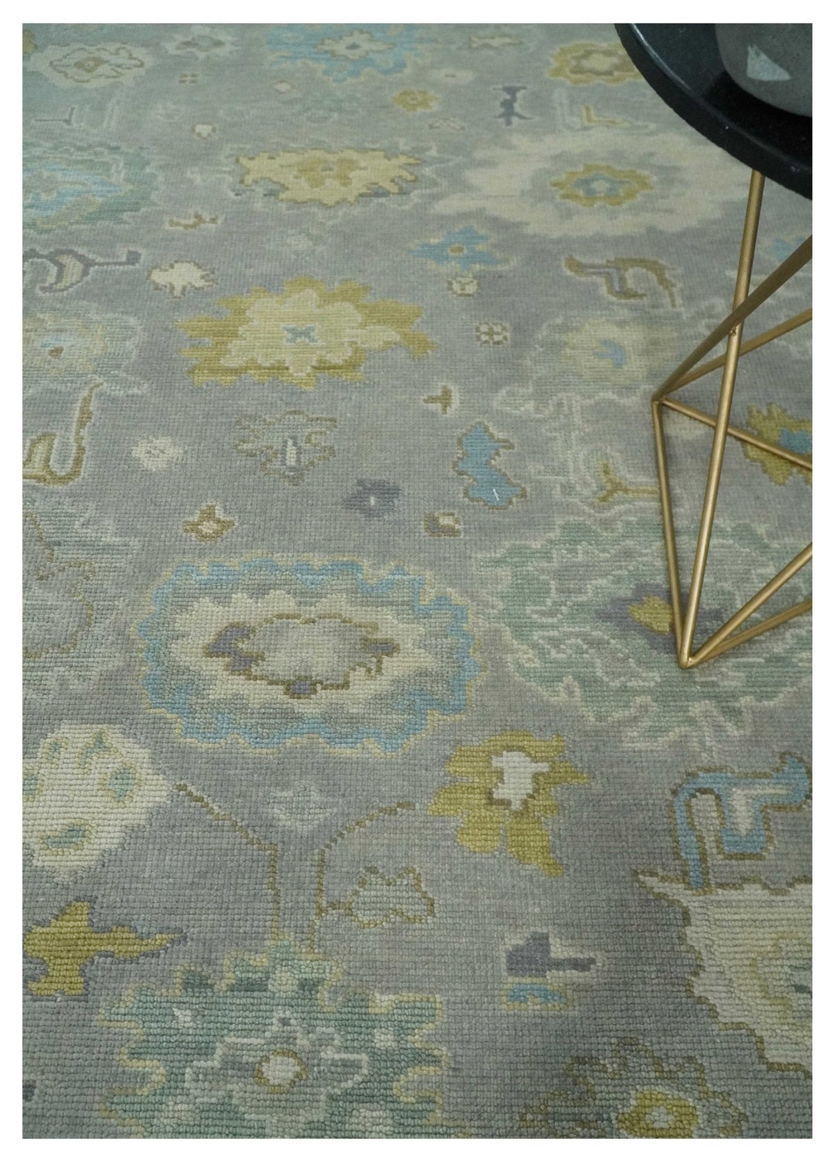 Antique Gray And Beige Hand Knotted Oushak Wool Area Rug.