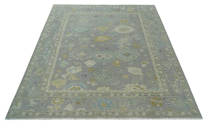 Antique Gray And Beige Hand Knotted Oushak Wool Area Rug.
