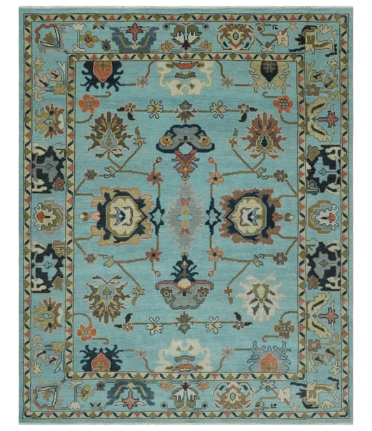 Antique Style Aqua Multi Size Hand Knotted Colorful Traditional Oushak Wool Area Rug.