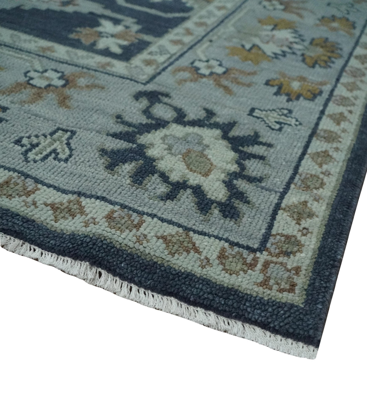 Antique style Blue and Silver Traditional Multi Size Hand Knotted Oushak Wool Rug.
