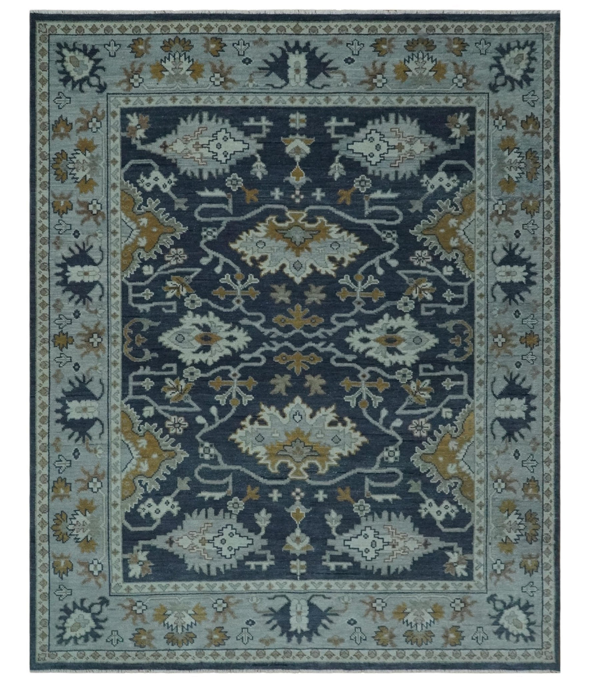 Antique style Blue and Silver Traditional Multi Size Hand Knotted Oushak Wool Rug.
