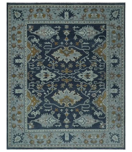 Antique style Blue and Silver Traditional Multi Size Hand Knotted Oushak Wool Rug.