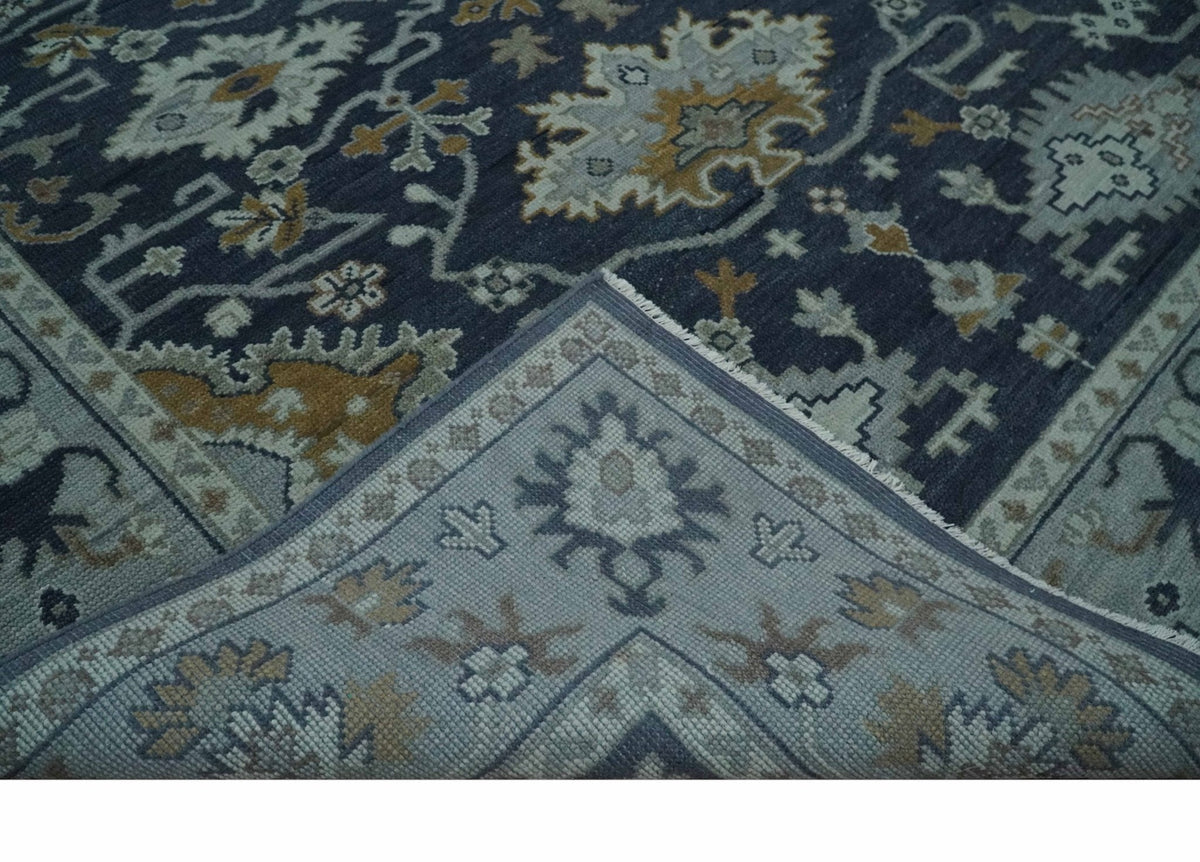 Antique style Blue and Silver Traditional Multi Size Hand Knotted Oushak Wool Rug.