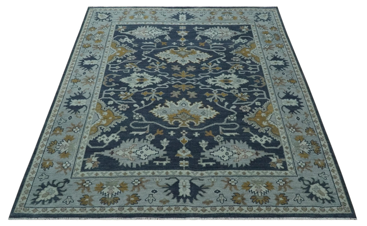 Antique style Blue and Silver Traditional Multi Size Hand Knotted Oushak Wool Rug.