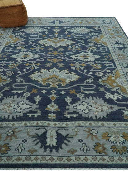 Antique style Blue and Silver Traditional Multi Size Hand Knotted Oushak Wool Rug.