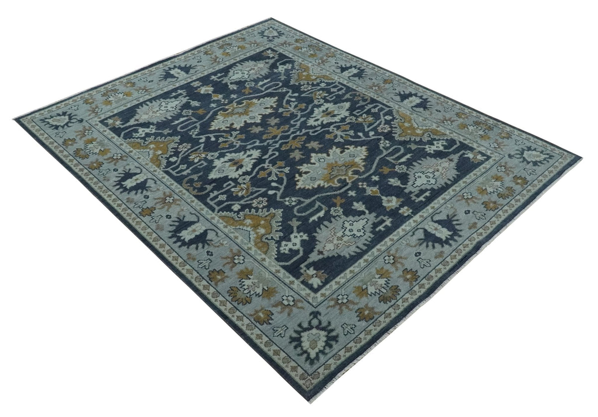 Antique style Blue and Silver Traditional Multi Size Hand Knotted Oushak Wool Rug.