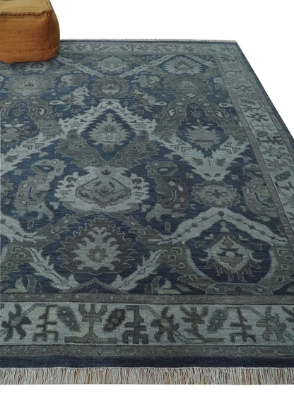 Antique style Blue, Charcoal and Silver Hand Knotted dragon Oushak Wool Area Rug.