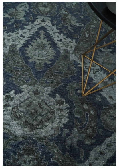Antique style Blue, Charcoal and Silver Hand Knotted dragon Oushak Wool Area Rug.