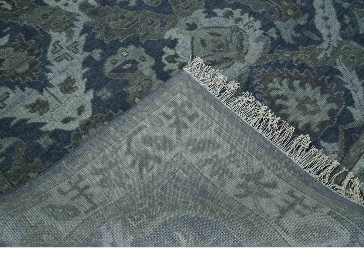 Antique style Blue, Charcoal and Silver Hand Knotted dragon Oushak Wool Area Rug.