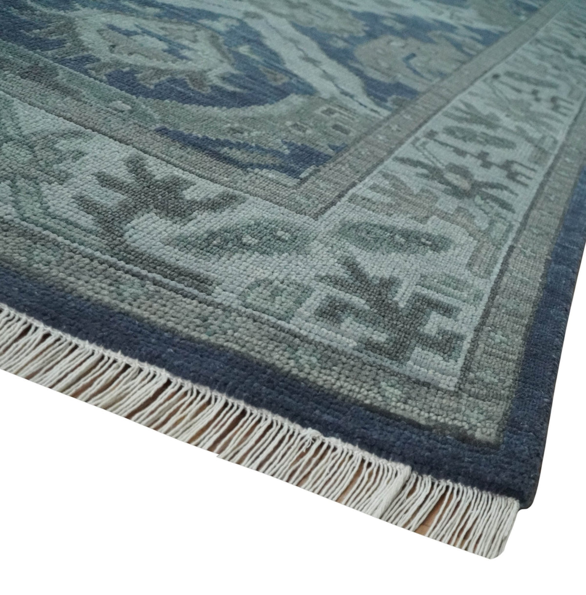 Antique style Blue, Charcoal and Silver Hand Knotted dragon Oushak Wool Area Rug.