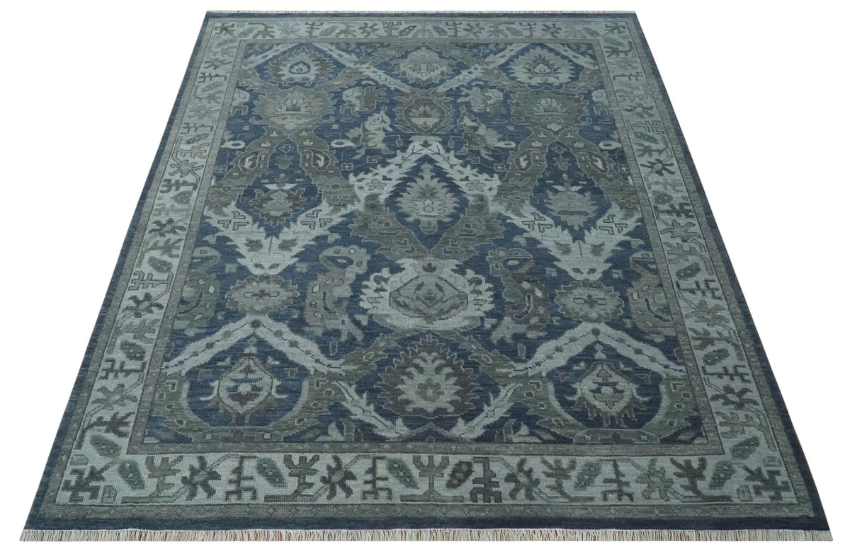 Antique style Blue, Charcoal and Silver Hand Knotted dragon Oushak Wool Area Rug.