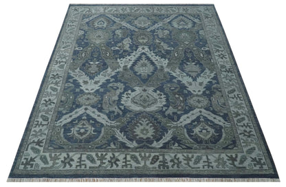 Antique style Blue, Charcoal and Silver Hand Knotted dragon Oushak Wool Area Rug.
