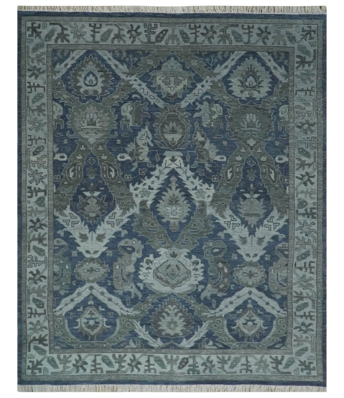 Antique style Blue, Charcoal and Silver Hand Knotted dragon Oushak Wool Area Rug.