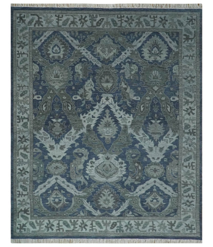 Antique style Blue, Charcoal and Silver Hand Knotted dragon Oushak Wool Area Rug.