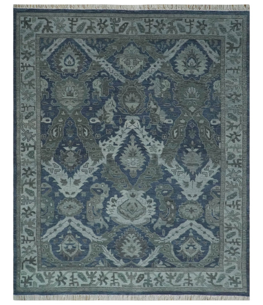 Antique style Blue, Charcoal and Silver Hand Knotted dragon Oushak Wool Area Rug.