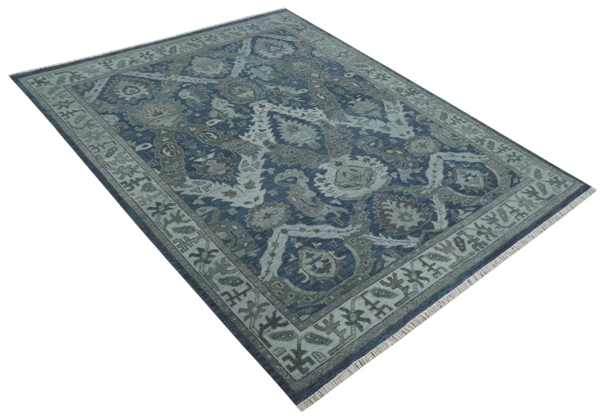 Antique style Blue, Charcoal and Silver Hand Knotted dragon Oushak Wool Area Rug.