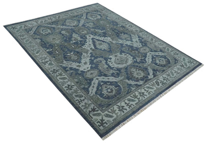 Antique style Blue, Charcoal and Silver Hand Knotted dragon Oushak Wool Area Rug.