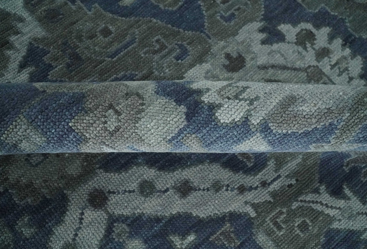 Antique style Blue, Charcoal and Silver Hand Knotted dragon Oushak Wool Area Rug.