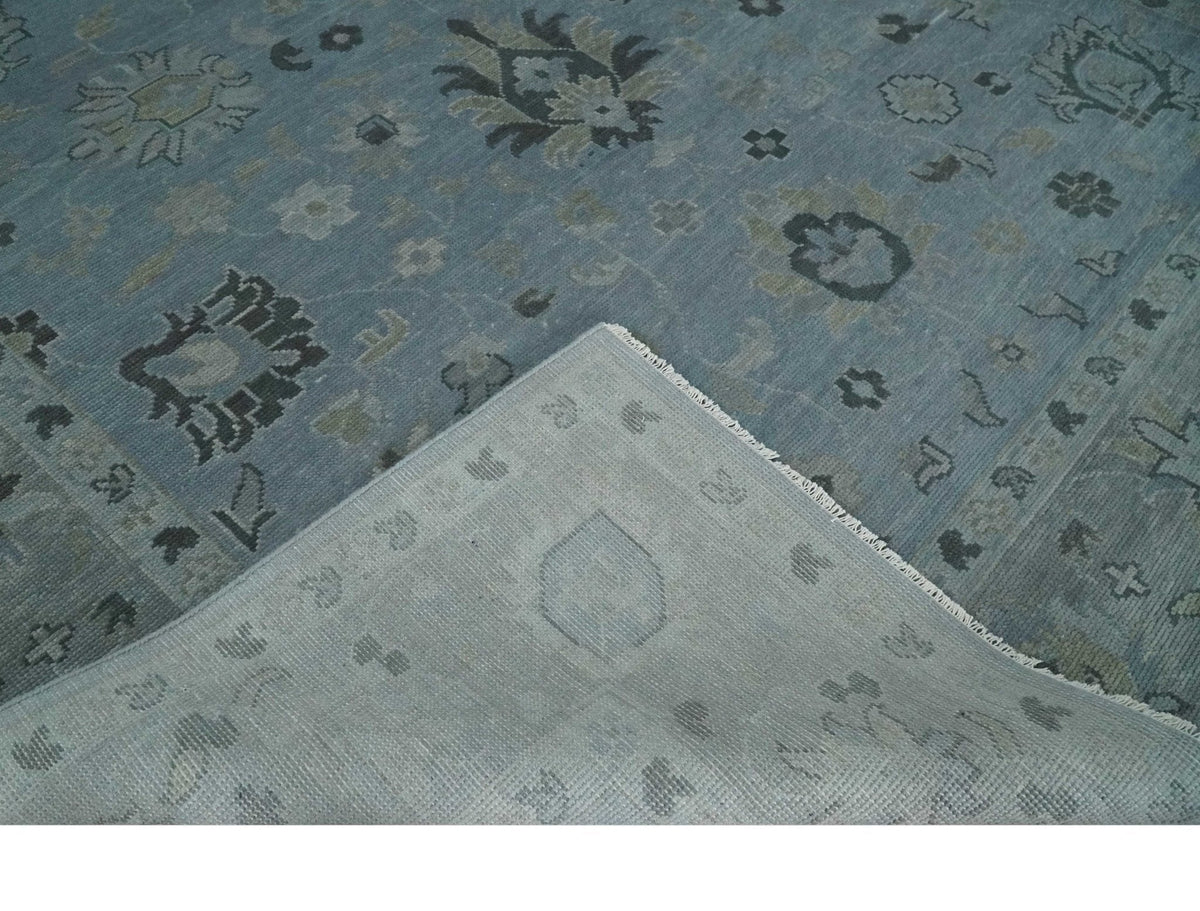 Antique style Blue, Silver and Charcoal Hand Knotted Oushak Wool Area Rug.