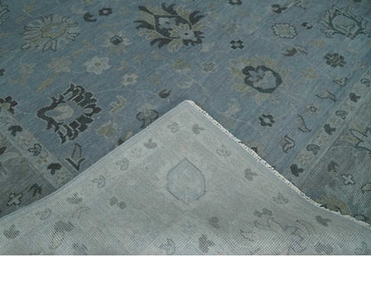 Antique style Blue, Silver and Charcoal Hand Knotted Oushak Wool Area Rug.