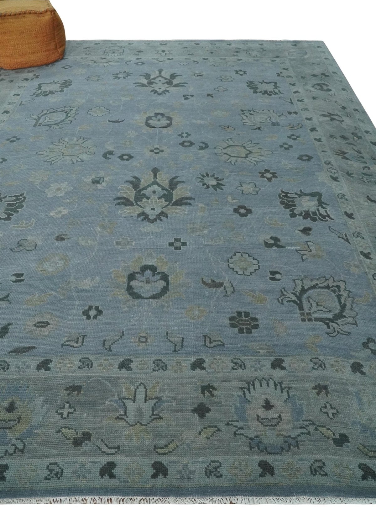 Antique style Blue, Silver and Charcoal Hand Knotted Oushak Wool Area Rug.