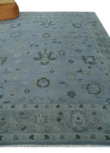 Antique style Blue, Silver and Charcoal Hand Knotted Oushak Wool Area Rug.