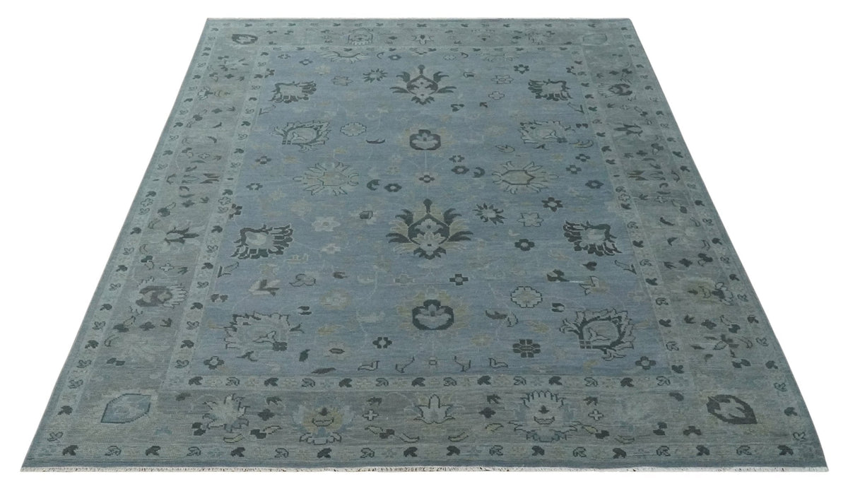 Antique style Blue, Silver and Charcoal Hand Knotted Oushak Wool Area Rug.