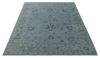 Antique style Blue, Silver and Charcoal Hand Knotted Oushak Wool Area Rug.